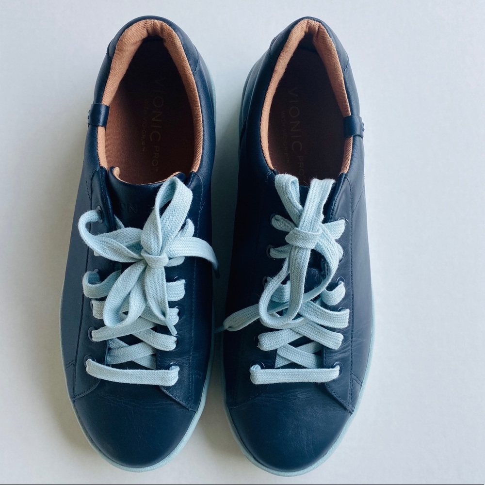 Vionic Navy Blue Leather Sneakers with Light Blue Laces
